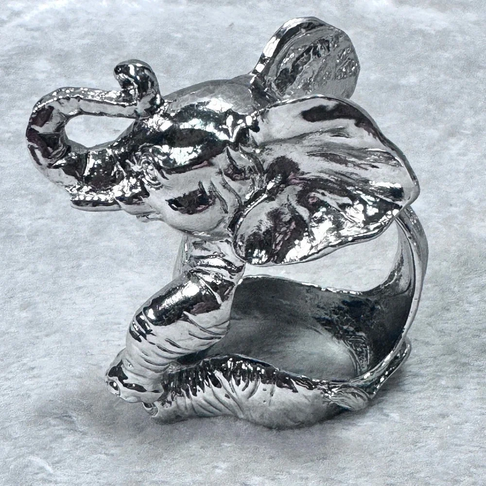 Silver Elephant Napkin Rings Set 4‎ Heavy Cast Metal Safari Boho Table Decor